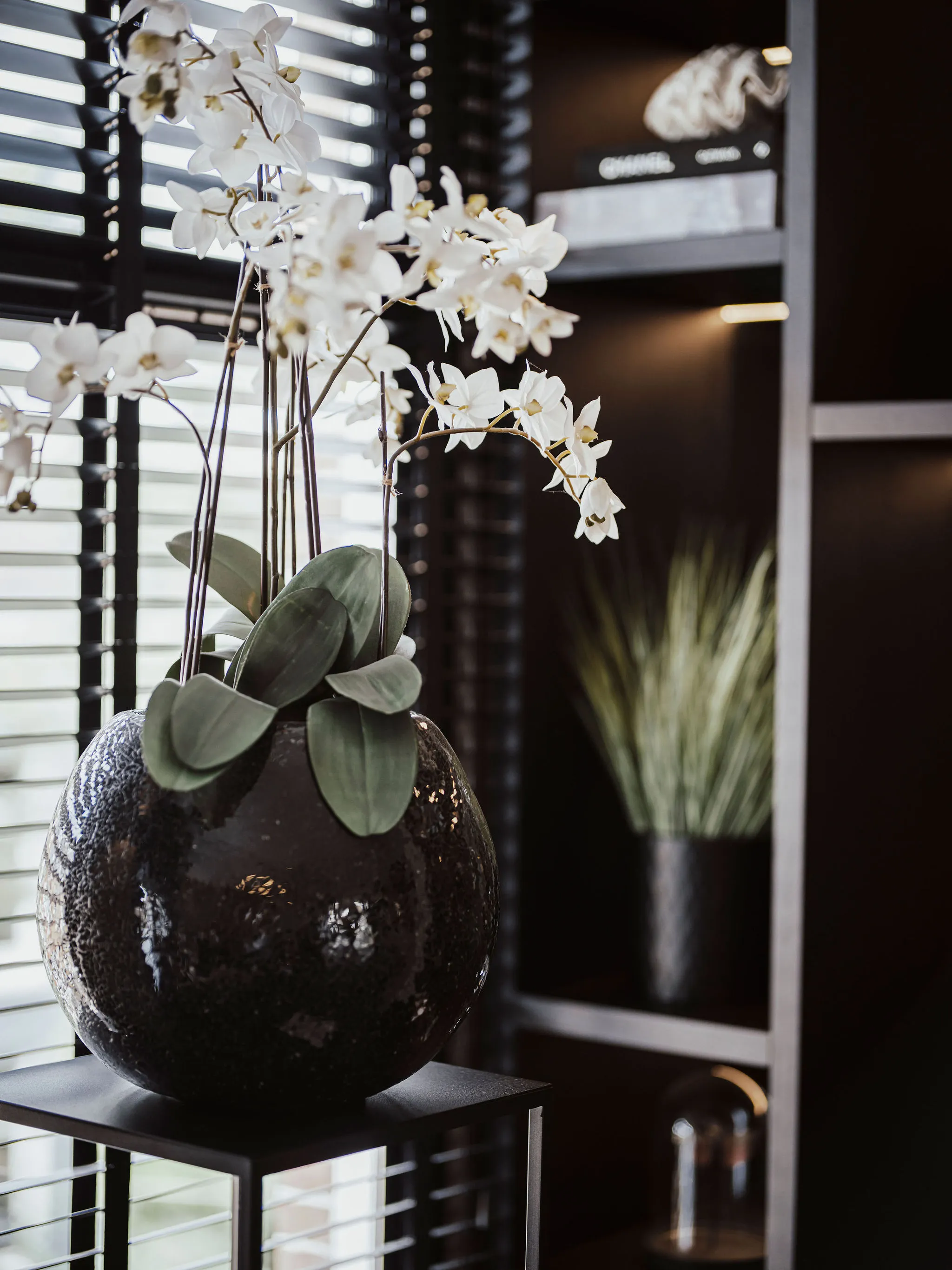 Witte orchidee in een donkere bolvaas op een stalen sokkeltafel voor de zwarte shutters, naast een verlicht kastvak