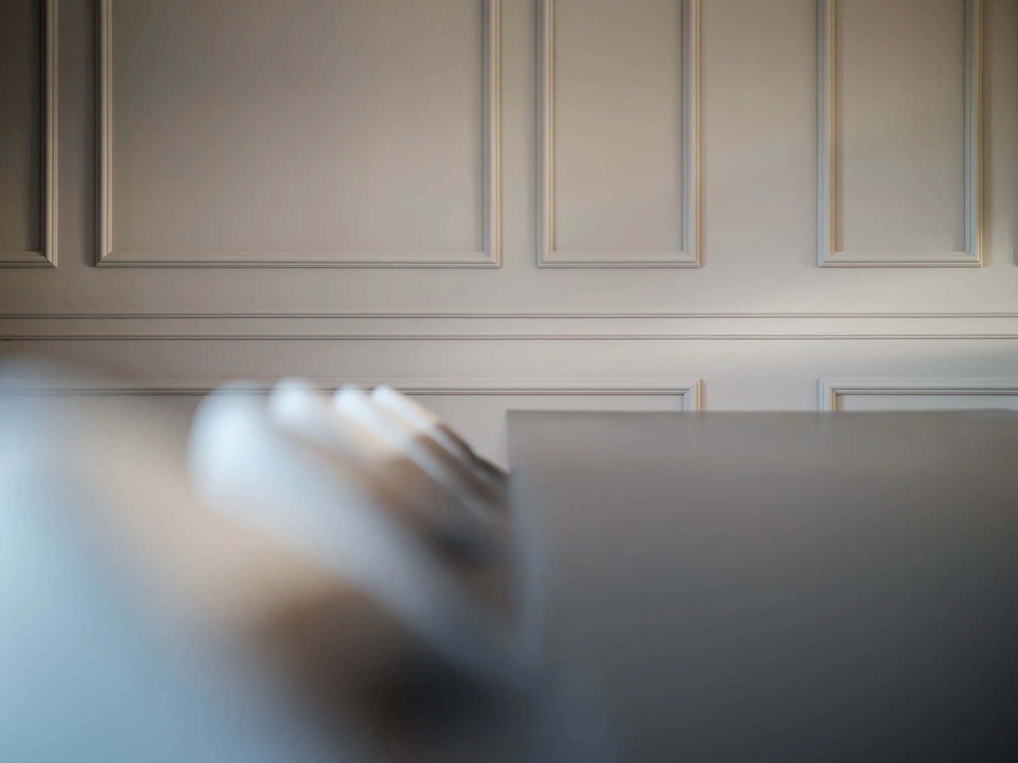 Detail van de kaderprofielen, geschilderd in dezelfde tint als de wand